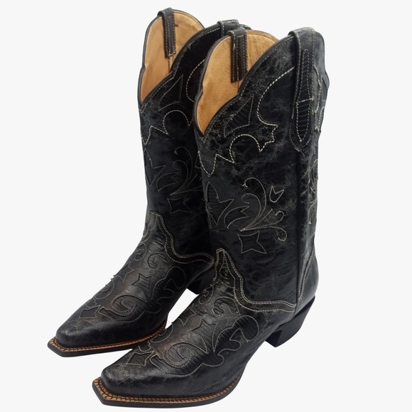 JB Dillon Women's Cowboy Boots Black Goat Leather Sz 10B Western Distressed EUC - Picture 2 of 16